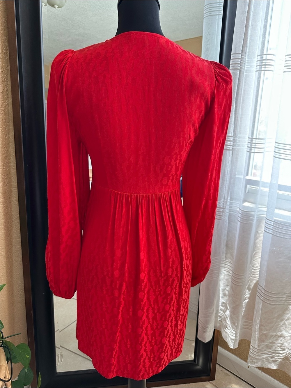 Maje Red Jacquard Smocked Mini Dress Long Sleeve Size 1 - Picture 4 of 16